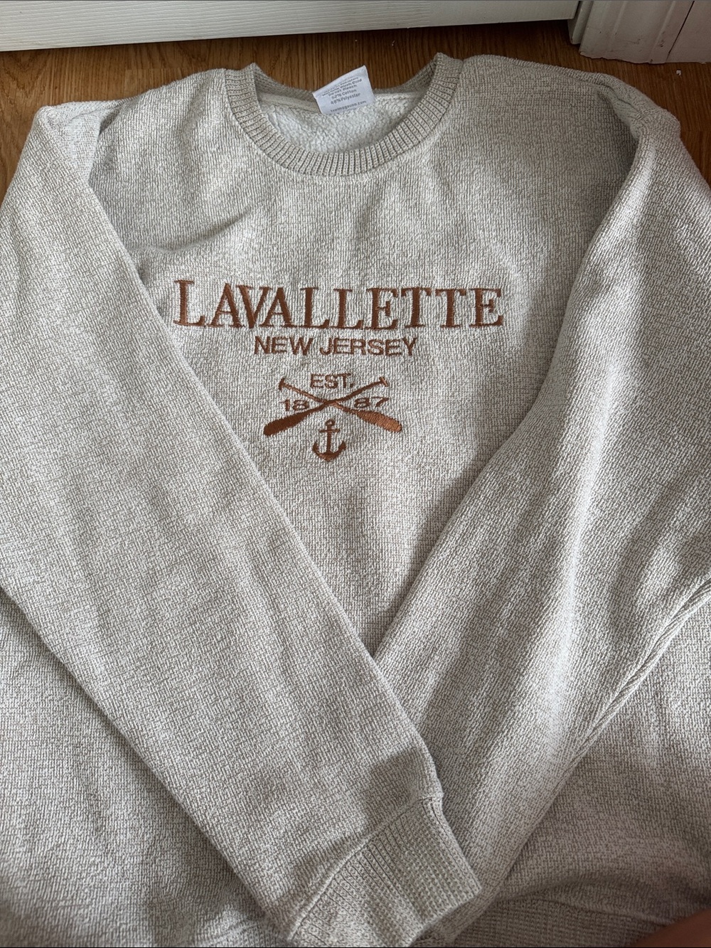 Lavallette New Jersey Embroidered Crewneck Sweatshirt - Cream with Rust Logo